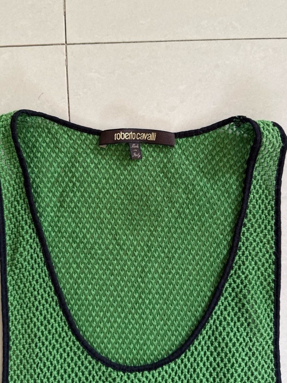 Roberto Cavalli Green Mesh Knit Tank with Black Trim Accent
